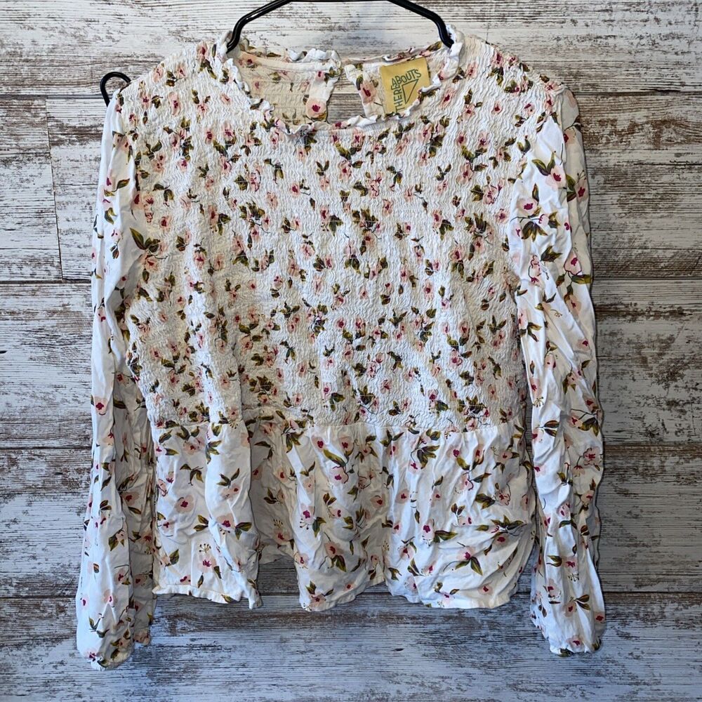 There Abouts Floral Long sleeve White Ruched Peplum Girls Top Size XL